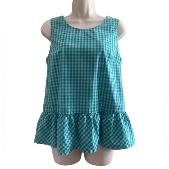 J. Crew Factory Gingham Printed Bow-Back Tie Back Cotton Peplum Tank Top - Picture 2 of 9